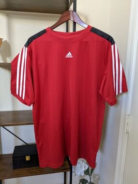 Adidas Large Red Tee Active 360 Short-Sleeve Three White Stripes Rare Diagonal